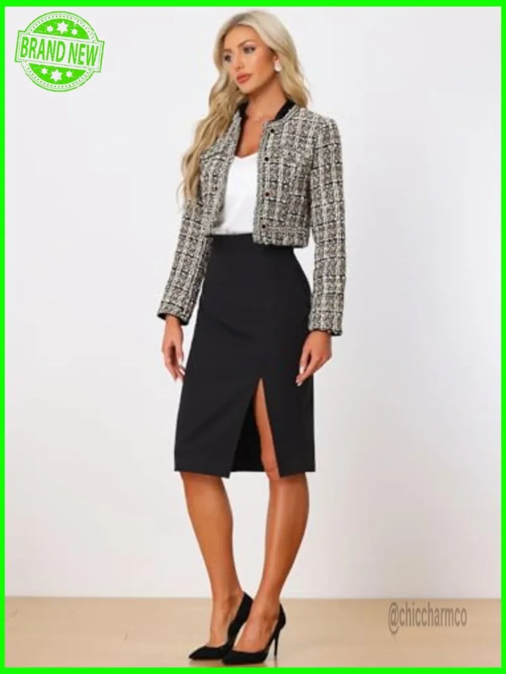 Vintage Suiting Blazer, Cropped Collarless, Plaid Tweed with Sequin Accents,